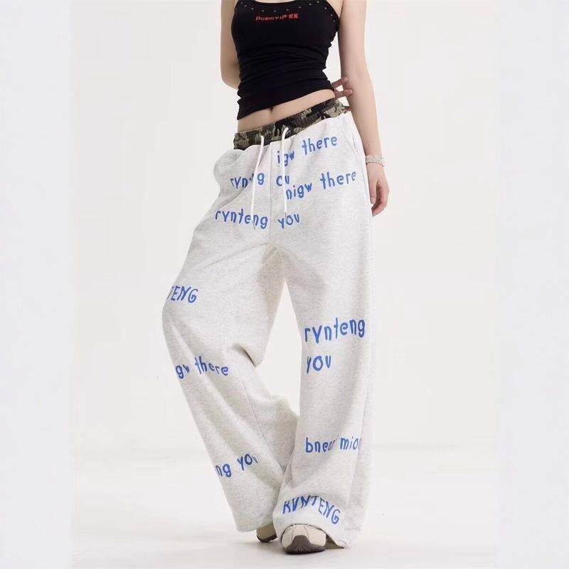 男女印花子字母垂感宽松撞色直筒阔腿休闲裤高街卫裤美式显瘦运动