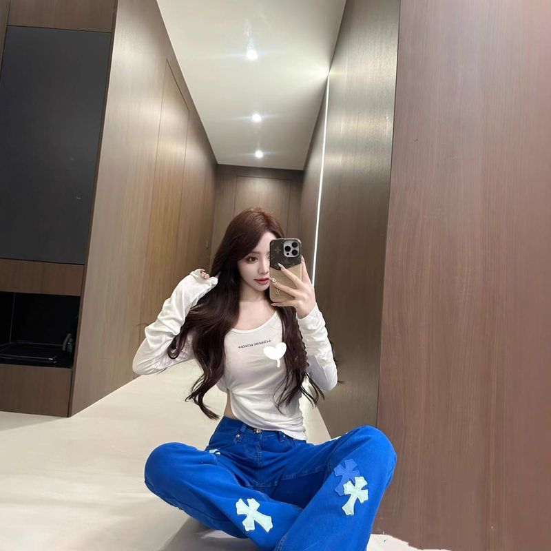 女十字架宽松牛仔裤设计感刺绣