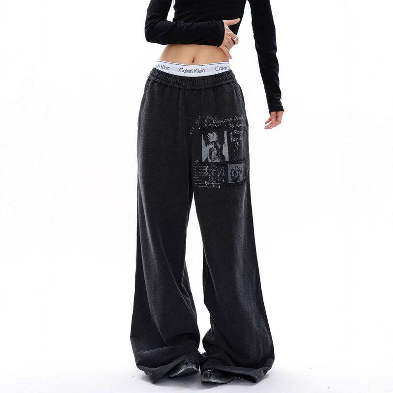 休闲裤跨境潮宽松松紧腰带男女美式百搭复古卫裤做旧人物直筒印花