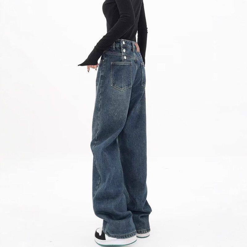 女双扣阔腿牛仔裤高腰秋冬显瘦