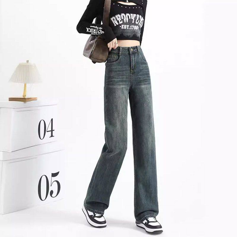 灰新款复古长裤弹力直筒裤高腰水泥牛仔裤拖地女垂感版春秋窄阔腿