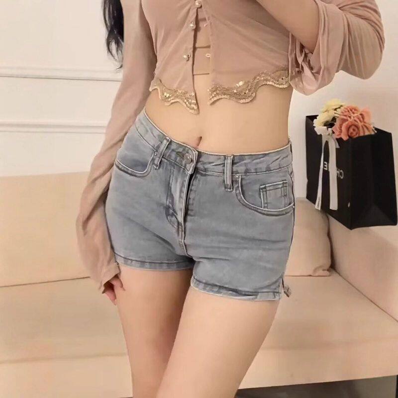 女夏牛仔短裤高腰短裤美式热裤潮流开叉浅色辣妹短裤拉链紧身弹力
