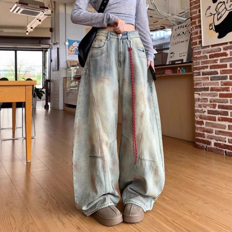 脏染美式镰刀工装宽松高腰裤裤子