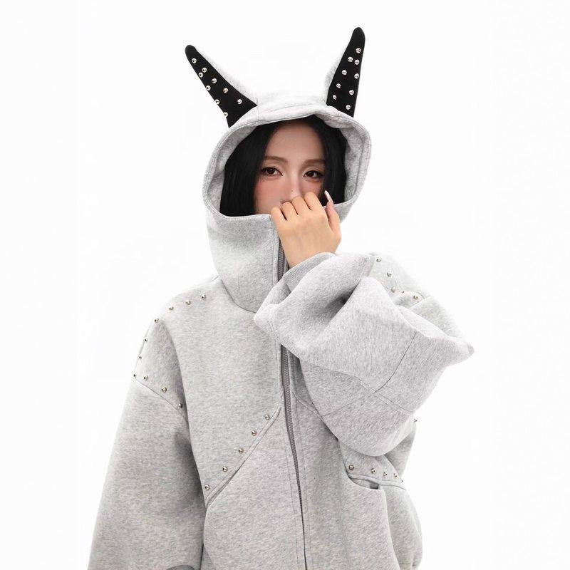 字母连帽重磅复古女珍珠刺绣潮牌卫衣休闲设计感美式钉珠外套开衫