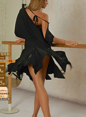 ZYM26010【45°序】连衣裙宽松蝙蝠袖拉丁舞练功服女亮片流苏裙摆