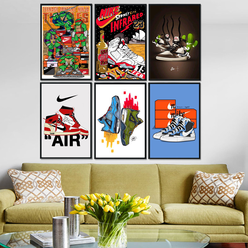 aj潮流球鞋挂画卡通海报服装店装饰画卧室篮球周边潮牌工作室壁画