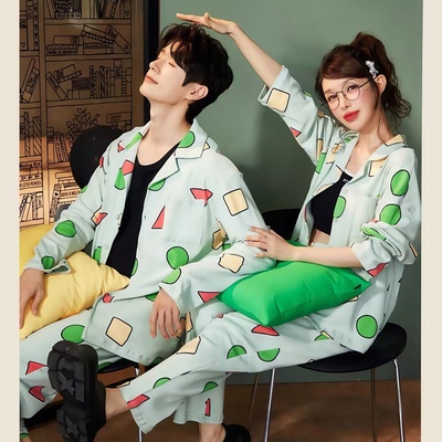 【轻柔软】蜡笔小新情侣睡衣女款抗菌纯棉长袖男士春秋家居服套装