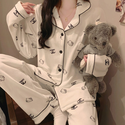 helloKitty凯蒂猫春秋冬海岛绒双面绒女士睡衣卡通甜美保暖家居服