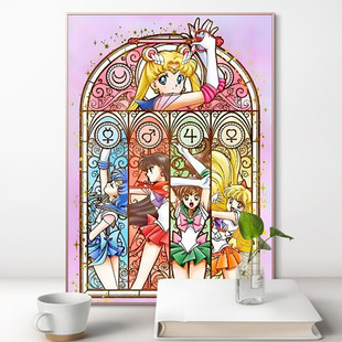 diy新款珠光仙尘钻美少女战士全员集合钻石画方钻手工贴钻十字绣