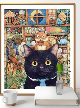 diy可爱动物小黑猫与松鼠钻石画方圆钻满钻绣印花自绣十字绣新款