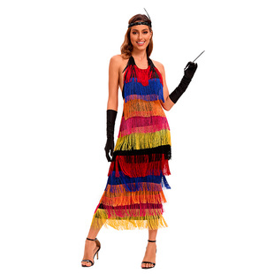 亚马逊外贸新款 波西亚连衣裙女士挂脖露背流苏裙部落舞台表演服装