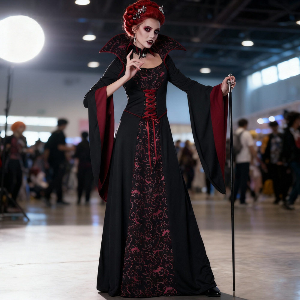 哥特吸血鬼女王 cosplay 长裙 红黑撞色绑带宫廷礼服 暗黑系