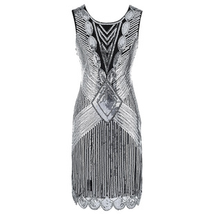 亚马逊wish外贸品质爆款 连衣裙1920复古舞台表演服 流苏手工串珠款