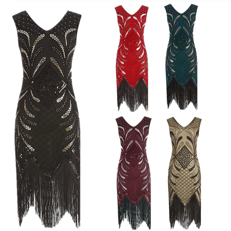 新款1920s复古流苏钉珠V领晚礼服聚会亮片流苏舞裙V领无袖连衣裙