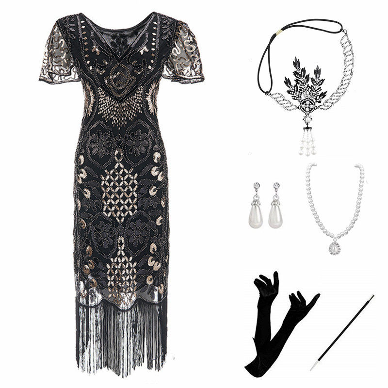 速卖通欧美1920S盖茨比复古舞会亮片流苏礼服时尚钉珠连衣裙