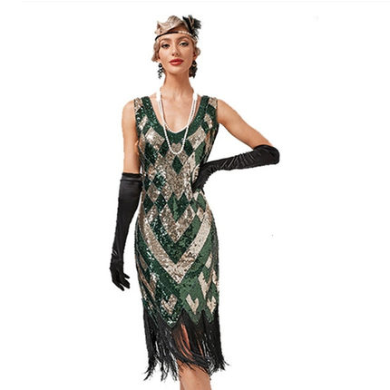 新款亮片流苏连衣裙1920S复古V领盖茨比晚礼服性感流苏裙