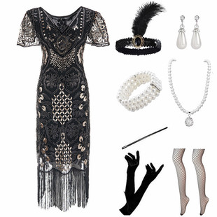 欧美外贸亚马逊1920s复古盖茨比亮片礼服聚会流苏连衣裙