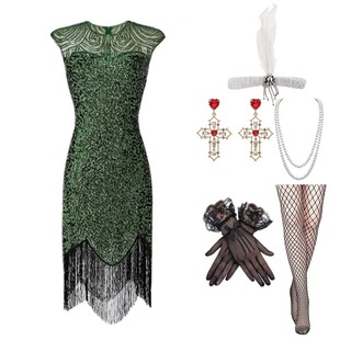 亚马逊爆款 欧美复古宴会晚礼服1920复古亮片流苏连衣裙盖茨比套装