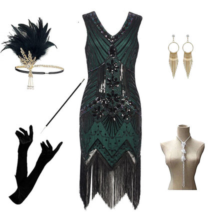 亚马逊欧美复古宴会派对晚礼服 1920s盖茨比钉珠亮片流苏连衣裙