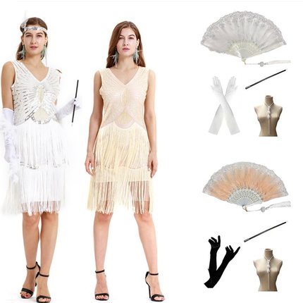 1920S复古流苏亮片性感V领连衣裙亚马逊新款修身宴会晚礼服