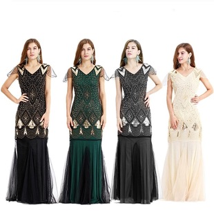 外贸亚马逊欧美热卖 1920s手工刺绣钉珠亮片连衣裙舞台表演服 女装