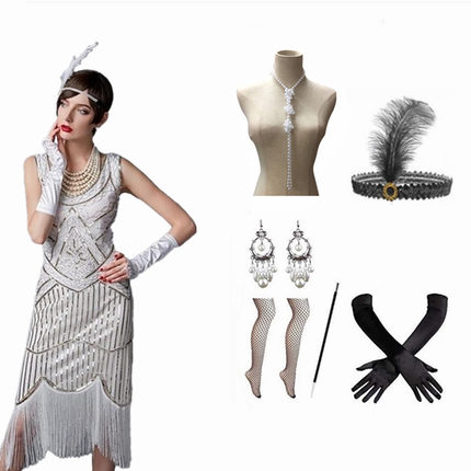 新款亚马逊爆款1920s复古舞会派对晚礼服手工订珠亮片流苏连衣裙