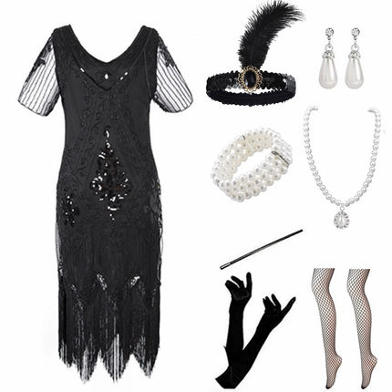 万圣节1920S盖茨比亮片流苏晚礼服欧美复古聚会派对V领连衣裙