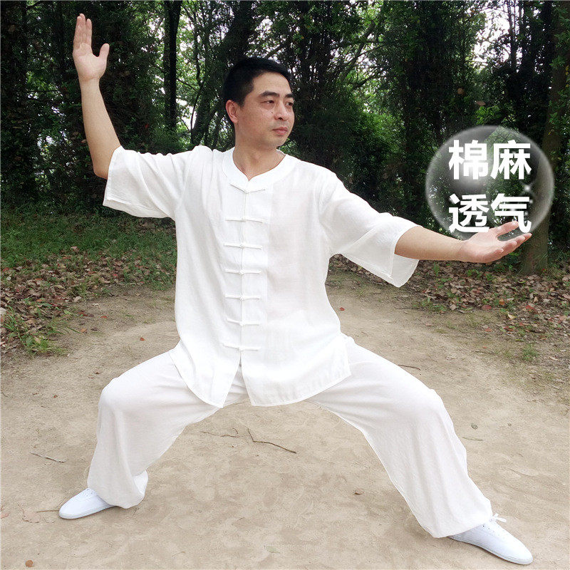 夏季短袖太极服女棉麻透气低圆领武术练功服中袖太极拳服装男晨练