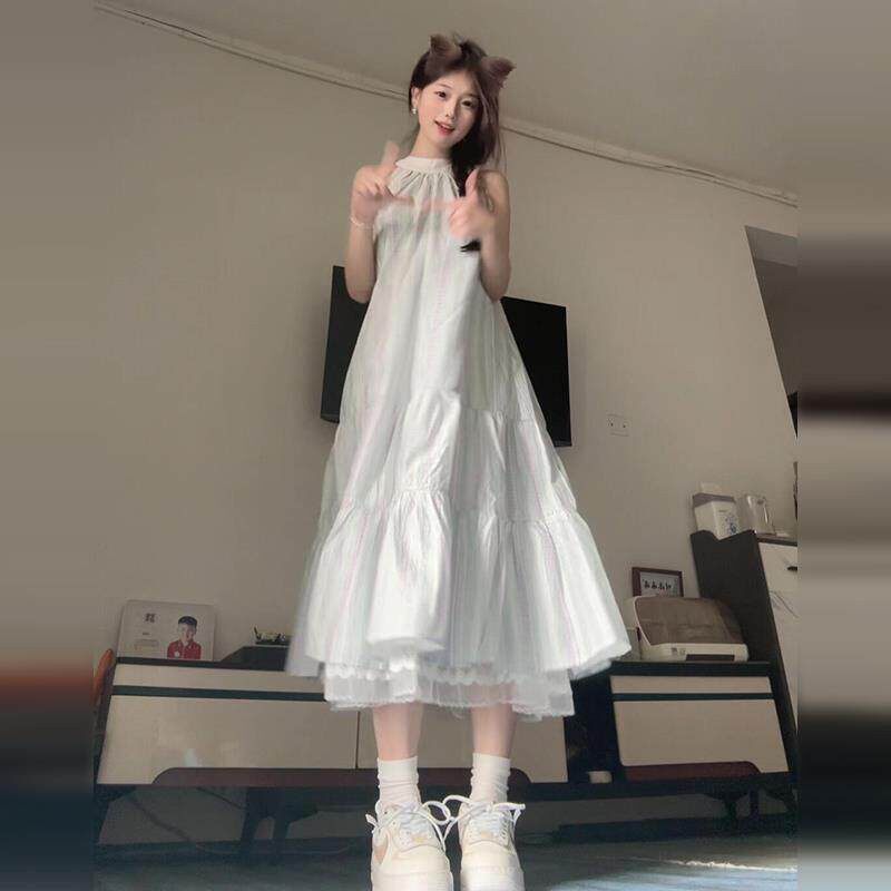 法式蓝色挂脖吊带连衣裙子女夏季2025新款小个子海边度假气质长裙