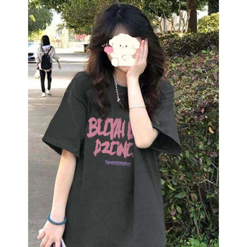 灰色大版短袖t恤女夏季宽松中长款美式复古设计感小众打底衫上衣