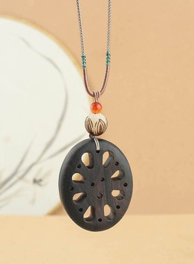 新中式复古黑檀木莲藕项链女小众设计感高级轻奢气质百搭毛衣链