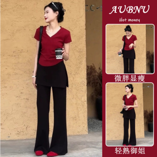 紅色短袖 RIERA夏季 穿搭一整套時(shí)尚 洋氣小香風(fēng)黑色假兩件闊腿褲 T恤