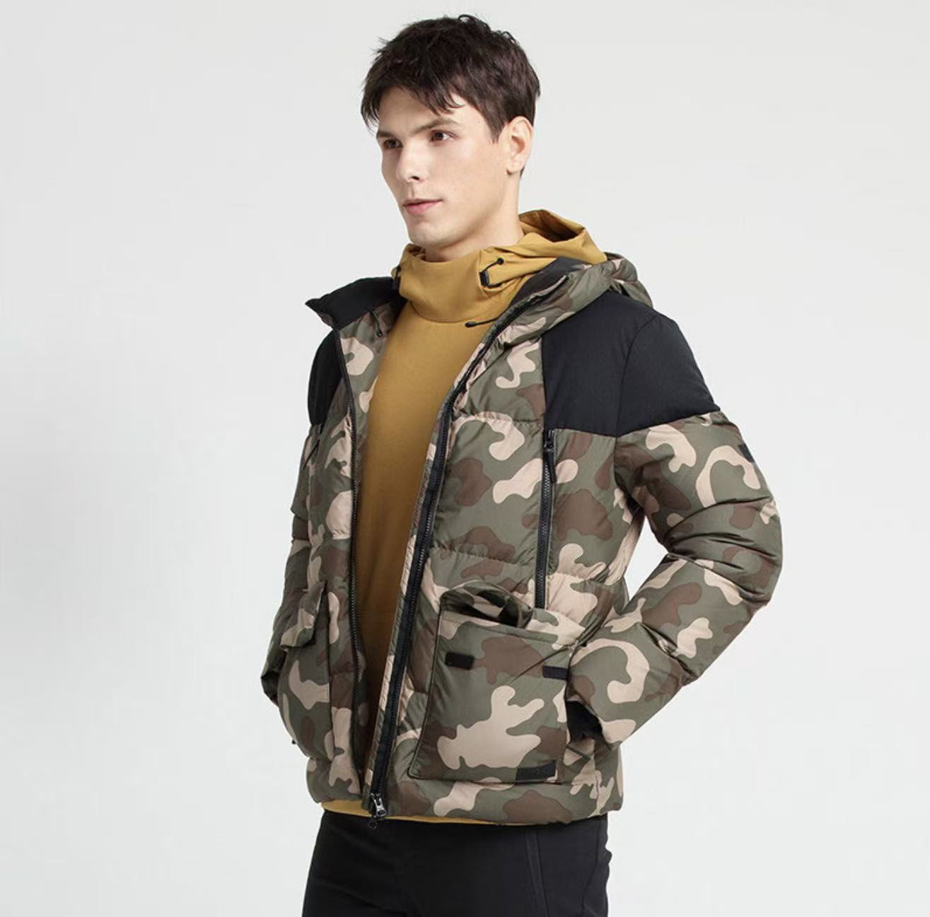 狼爪Jack Wolfskin 迷彩户外防风保暖连帽夹克羽绒服 男款 鹅绒