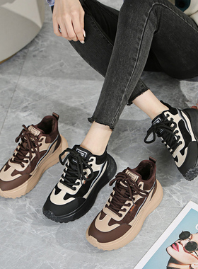 大丫丫大码女鞋41-43冬款脚宽脚肥牛皮加绒轻便休闲老爹鞋9655-15