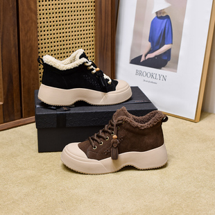 宽胖脚肥大码女鞋41-43棉鞋2025冬季新款真皮加绒系带休闲鞋9016