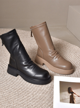 大丫丫优选秋冬款大码女鞋41-43休闲风时尚粗跟中筒时装靴23969-1