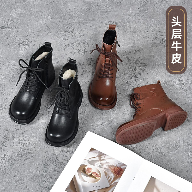 大丫丫大码女鞋头层牛皮款羊毛靴