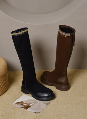 宽胖脚肥大码女鞋41-43长靴2025新款森系复古低跟弹力靴60196-13