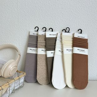 春秋季 长筒纯棉 袜子女中筒无骨缝合坑条日系堆堆袜纯色黑白夏季