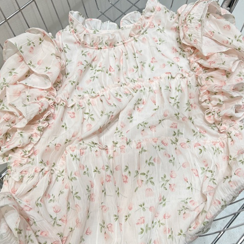 SUMMER SOLSTICE CHERRY PINK SOUTH KOREAS DONGDAEMUN NEW RUFFLE FLORAL TOP WOMENS DESIGN SENSE BUBBLE SHORT-SLEEVED SHIRT