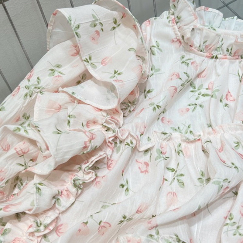 SUMMER SOLSTICE CHERRY PINK SOUTH KOREAS DONGDAEMUN NEW RUFFLE FLORAL TOP WOMENS DESIGN SENSE BUBBLE SHORT-SLEEVED SHIRT