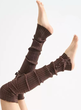 堆堆袜秋冬过膝长筒羊毛竖条纽扣绑带护膝显瘦腿套个性露思同款