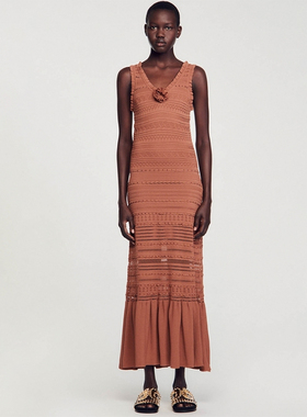 法式S家同款夏季新款女装V领钩花针织镂空荷叶边连衣裙SFPRO03547