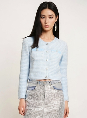 法式M家同款早春新气质蓝白条纹亮片拼接小香圆领开衫MFPCA00576