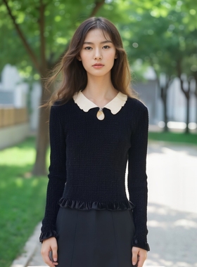 法式S家2025早春新款翻领黑白拼接复古褶皱针织衫上衣SFPTS01546