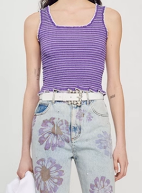 法国S家舞纤夏季新款女 时尚法式紫色条纹针织吊带背心SFPTS01228