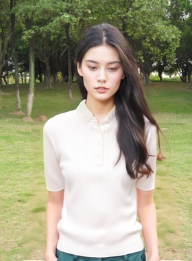 法式M家2025早春新款女螺纹polo珍珠领针织衫短袖上衣MFPPU00879