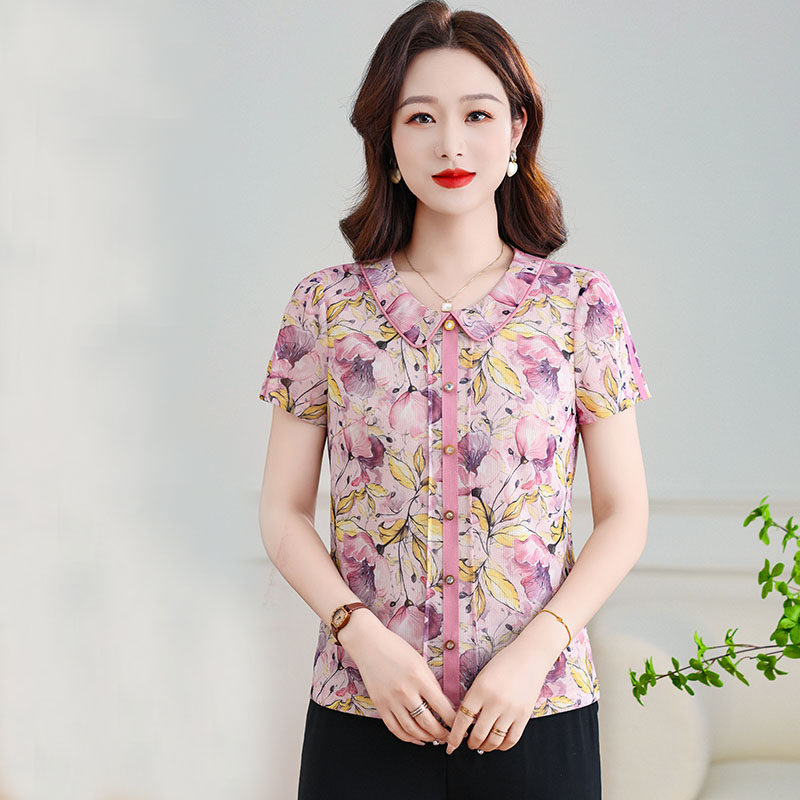 雪琳儿短袖妈妈装衬衫2026年夏季新款中老年女装大码台湾网纱T恤