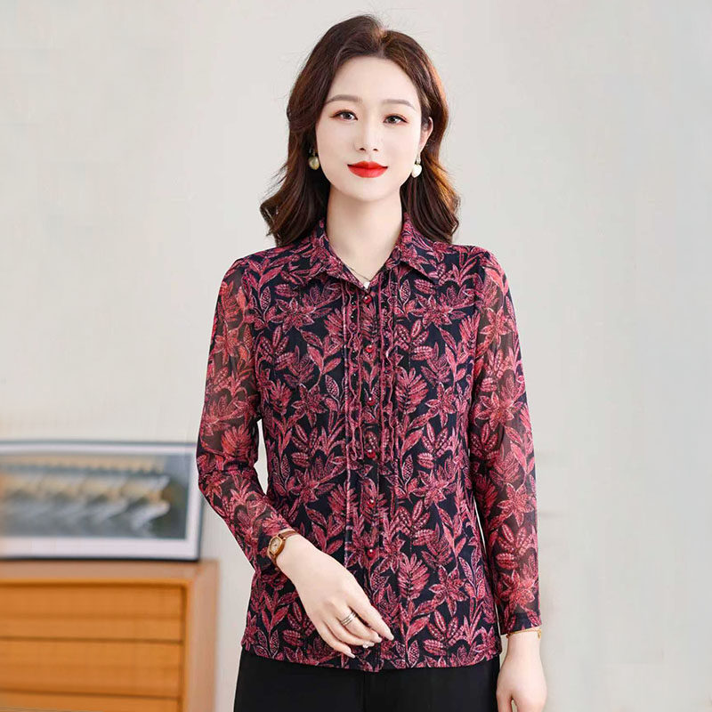 雪琳儿春季新款妈妈上衣大码中老年女装洋气台湾网纱翻领长袖开衫