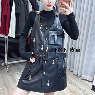 2026新款真皮皮衣女绵羊皮连衣裙拼接无袖坎肩背心宽松显瘦上衣